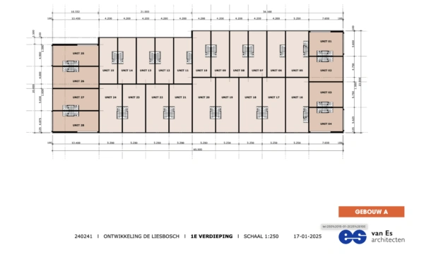 Plattegrond van de eerste verdieping van gebouw A in de ontwikkeling De Liesbosch met 28 genummerde units.
